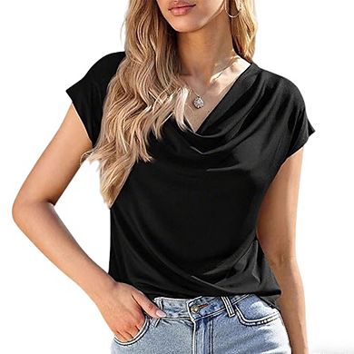 Women's Relaxed Fit Top Cowl Neck Short Sleeve Twist Hem Blouse
