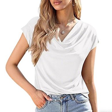 Women's Relaxed Fit Top Cowl Neck Short Sleeve Twist Hem Blouse