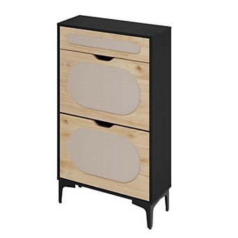 Rattan Shoe Storage With 2 Flip Drawer and 1 Drawer, Heavy Duty Metal Leg, Adjustment Shelf