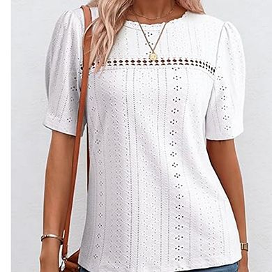 Women's Scallop Neck Top Eyelet Puff Shoulder Short Sleeve Blouse Summer Top