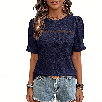 Women's Scallop Neck Top Eyelet Puff Shoulder Short Sleeve Blouse Summer Top