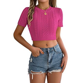 Womens Cropped Knit Blouse Short Sleeve Crew Neck Sheer Tops Slim Fit Textured Fall Shirts