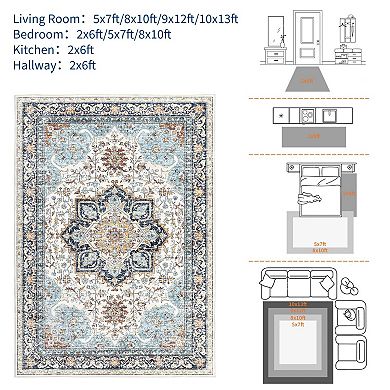 Washable Area Rug, Vintage Retro Carpet with Non-Slip Backing, Floor Rugs