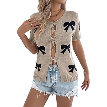 Women Bow Cardigan Sweaters Short Sleeve Tie Front Lightweight Crochet Top Going Out Date Outfits