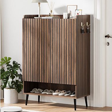 Large Shoe Cabinet with Doors，6-Tier Shoe Organizer with 2 Doors & Additional Hooks