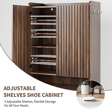 Large Shoe Cabinet with Doors，6-Tier Shoe Organizer with 2 Doors & Additional Hooks