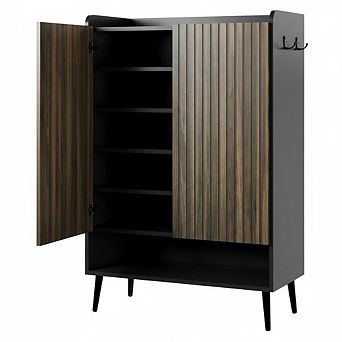 Large Shoe Cabinet with Doors，6 tier Shoe Organizer with 2 Doors & Additional Hooks