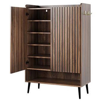 Large Shoe Cabinet with Doors，6 tier Shoe Organizer with 2 Doors & Additional Hooks