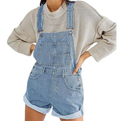 Women's Loose Bib Overalls Shorts Multi-Pocket Denim Overall