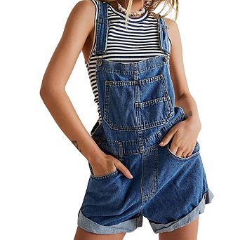 Women's Loose Bib Overalls Shorts Multi-Pocket Denim Overall