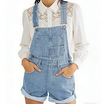 Women's Loose Bib Overalls Shorts Multi-Pocket Denim Overall
