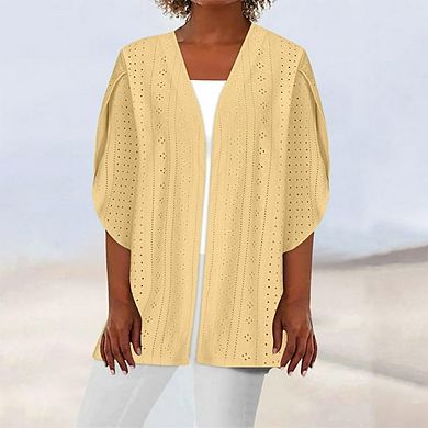Women's Lightweight Eyelets Hollow Out 3/4 Sleeve Casual Open Front Stretchy Cardigans