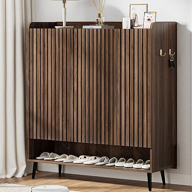 Large Shoe Cabinet with Doors，6-Tier Shoe Organizer with 3 Doors & Additional Hooks