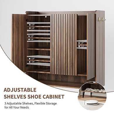 Large Shoe Cabinet with Doors，6-Tier Shoe Organizer with 3 Doors & Additional Hooks