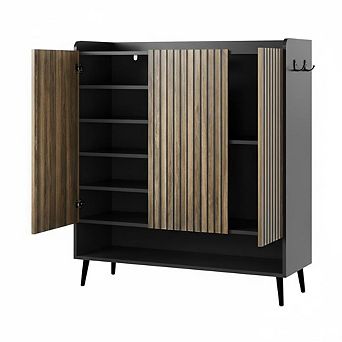 Large Shoe Cabinet with Doors，6 tier Shoe Organizer with 3 Doors & Additional Hooks