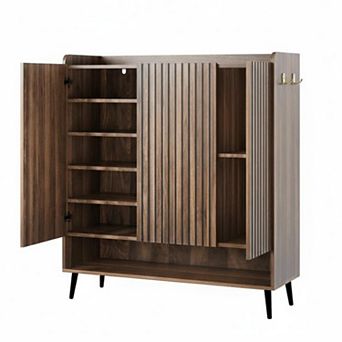 Large Shoe Cabinet with Doors，6 tier Shoe Organizer with 3 Doors & Additional Hooks