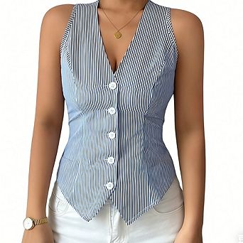 Women's Sleeveless V-Neck Button-Front Vest Fitted Waist Striped Top