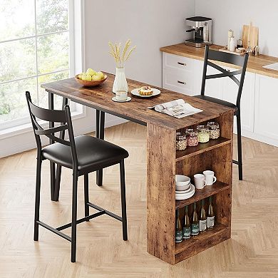 3 Piece Bar Table Set for 2,Wooden Round Table & Chair Set,Space Saving Kitchen Breakfast Nook