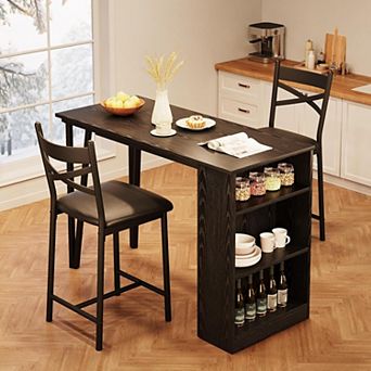 3 pc Bar Table Set for 2,Wooden Round Table & Chair Set,Space Saving Kitchen Breakfast Nook