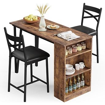 3 pc Bar Table Set for 2,Wooden Round Table & Chair Set,Space Saving Kitchen Breakfast Nook