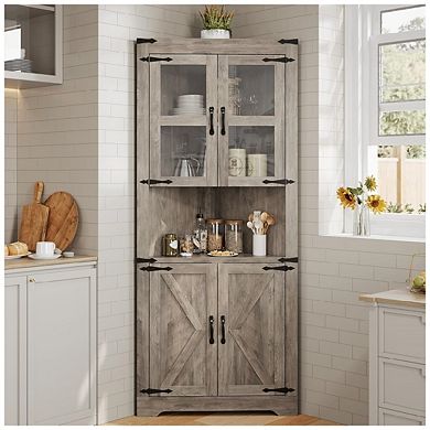 Corner Cabinet, Farmhouse Corner Storage Cabinet with Glass Door & Adjustable Shelves