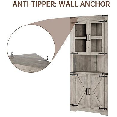 Corner Cabinet, Farmhouse Corner Storage Cabinet with Glass Door & Adjustable Shelves
