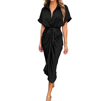 Women's Ruched Button Down Shirt Dresses Flowy Casual Tie Waist Short Sleeve Maxi Shirt Dress