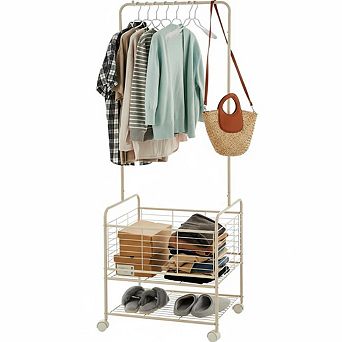Laundry Cart with Hanging Clothes Rack, Rolling Laundry Cart with Storage Basket and Shelf