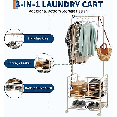 Laundry Cart with Hanging Clothes Rack, Rolling Laundry Cart with Storage Basket and Shelf