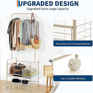 Laundry Cart with Hanging Clothes Rack, Rolling Laundry Cart with Storage Basket and Shelf