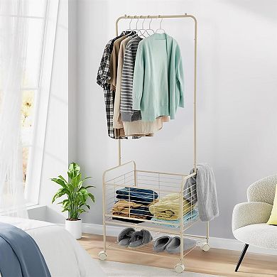 Laundry Cart with Hanging Clothes Rack, Rolling Laundry Cart with Storage Basket and Shelf