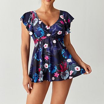 Women Printed Two Piece Tankini Swimsuits Tummy Control Swim Dress High Waisted Bikini Bottoms