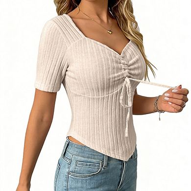 Women's Tie-Front Sweetheart Neck Ribbed Top Short Sleeve Corset Top
