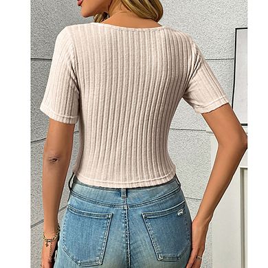 Women's Tie-Front Sweetheart Neck Ribbed Top Short Sleeve Corset Top