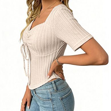 Women's Tie-Front Sweetheart Neck Ribbed Top Short Sleeve Corset Top