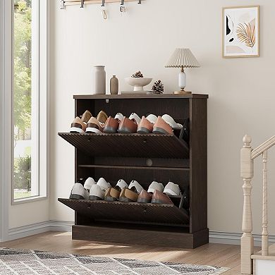 Shoe Cabinet with 2 Flip Drawers, Modern Narrow Wave Shoe Organizer with Adjustable Shelves