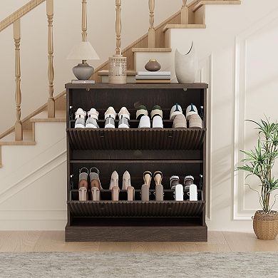 Shoe Cabinet with 2 Flip Drawers, Modern Narrow Wave Shoe Organizer with Adjustable Shelves