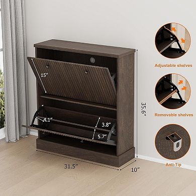Shoe Cabinet with 2 Flip Drawers, Modern Narrow Wave Shoe Organizer with Adjustable Shelves