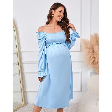 Women Maternity Elegant Off Shoulder Long Sleeve Smocked Flowy Dress