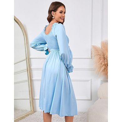 Women Maternity Elegant Off Shoulder Long Sleeve Smocked Flowy Dress