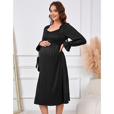 Women Maternity Elegant Off Shoulder Long Sleeve Smocked Flowy Dress