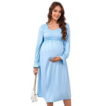 Women Maternity Elegant Off Shoulder Long Sleeve Smocked Flowy Dress