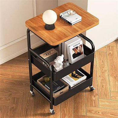 3-Tier Rolling Storage Cart with Wooden Tabletop, 22LBS Tier Sturdy Rust 4 Casters (2 Lockable)