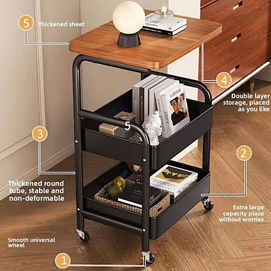 3-Tier Rolling Storage Cart with Wooden Tabletop, 22LBS Tier Sturdy Rust 4 Casters (2 Lockable)