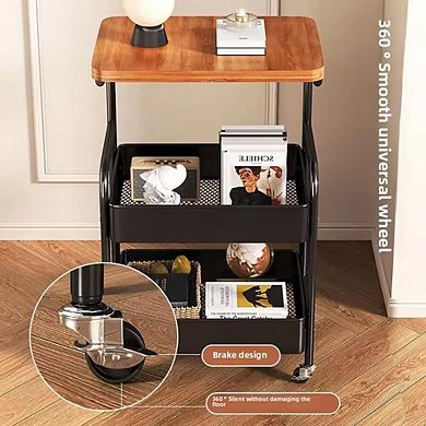 3-Tier Rolling Storage Cart with Wooden Tabletop, 22LBS Tier Sturdy Rust 4 Casters (2 Lockable)