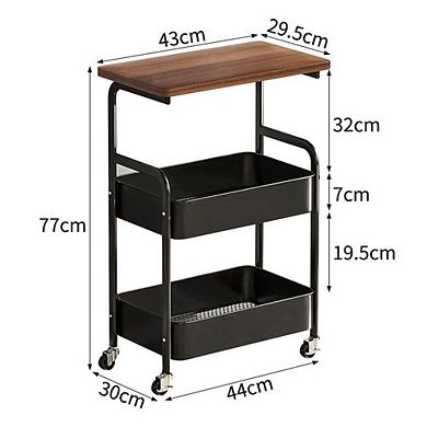 3-Tier Rolling Storage Cart with Wooden Tabletop, 22LBS Tier Sturdy Rust 4 Casters (2 Lockable)