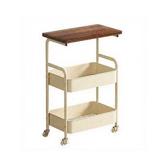 3 tier Rolling Storage Cart with Wooden Tabletop, 22LBS Tier Sturdy Rust 4 Casters (2 Lockable)
