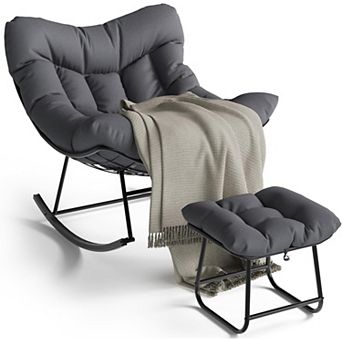 Oversized Papasan Rocking Chair with Footrest, Outdoor Lounge Chair with Ottoman