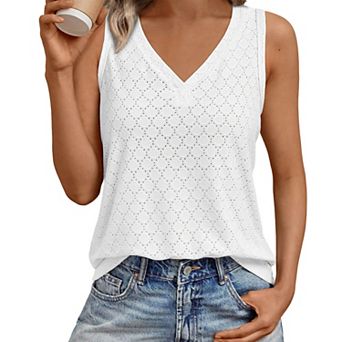 Women's Sleeveless V Neck Blouse Loose Fit Casual Hollow Out Tank Top