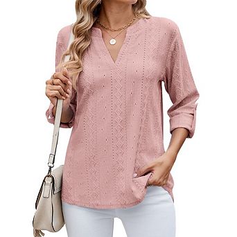 Womens 3/4 Sleeve Hollow Out Blouses Business Tops Dressy Casual V Neck Summer T-Shirts